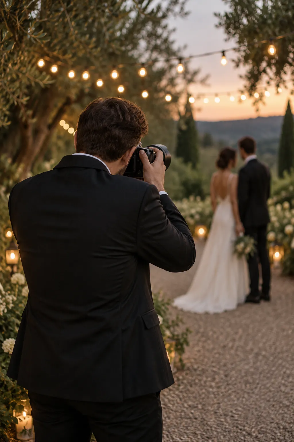 Fotógrafo de bodas retratando a los novios en un jardín al atardecer