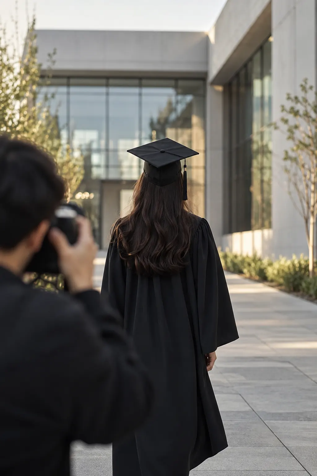 Sesión de fotos de graduación con toga y birrete en un campus universitario