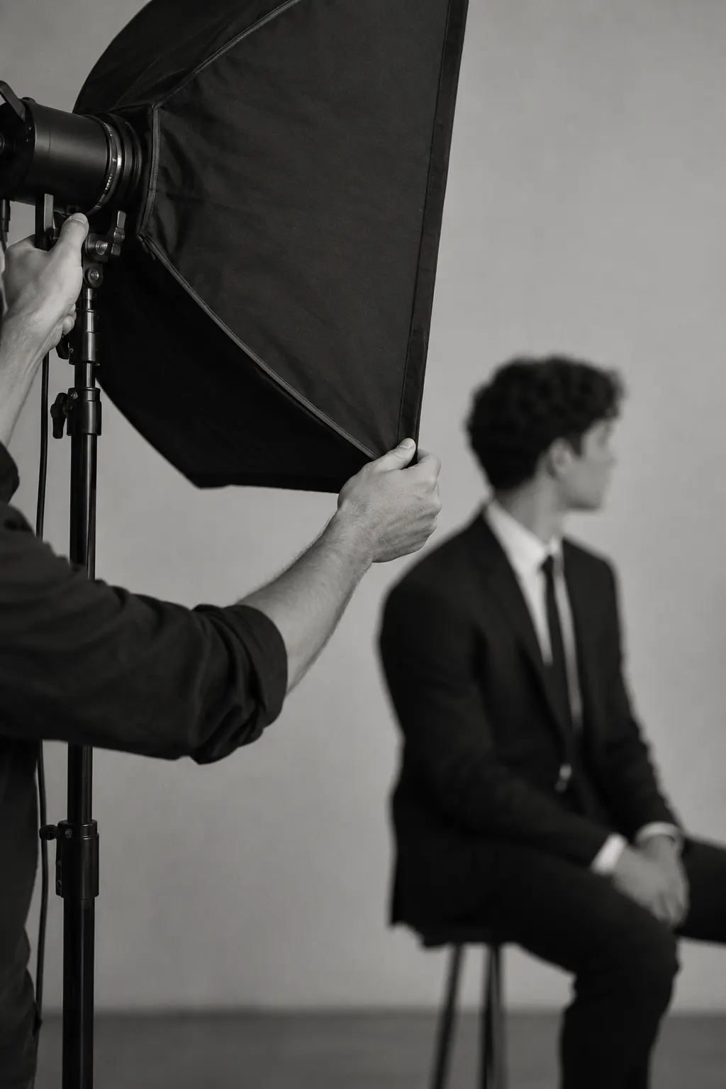 Graduado de traje oscuro posando para fotos tamaño título en blanco y negro frente a un fondo gris claro