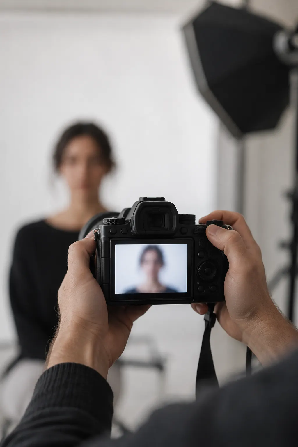 Pantalla de una cámara con un retrato de frente con fondo blanco, tomado en un estudio fotográfico